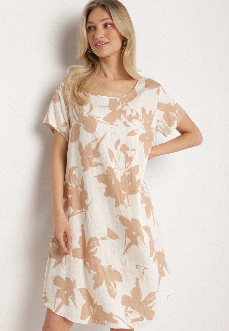 Ciemnobeżowa Wiskozowa Sukienka w Kwiatowy Wzór Emitine