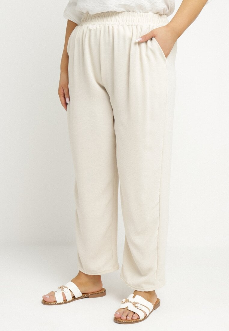 Beżowe Szerokie Spodnie z Bawełną i Wysokim Stanem Naitte