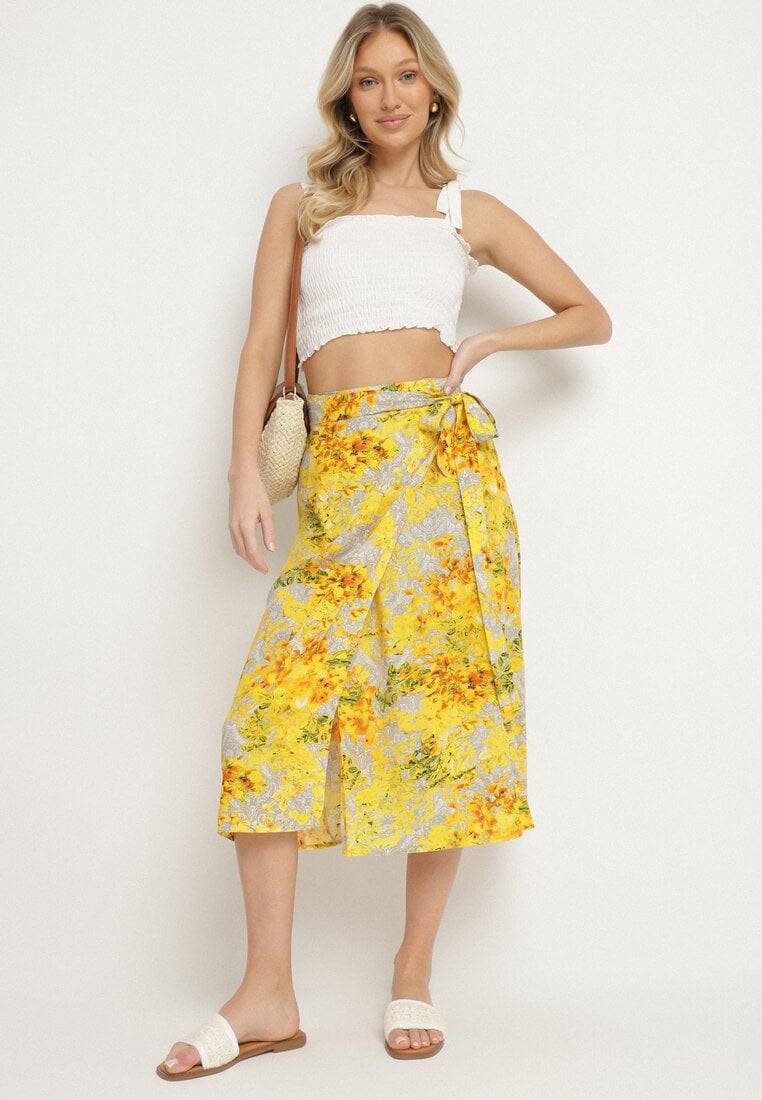 Żółta Spódnica Wiązana w Pasie w Kwiatowy Print Ellivella