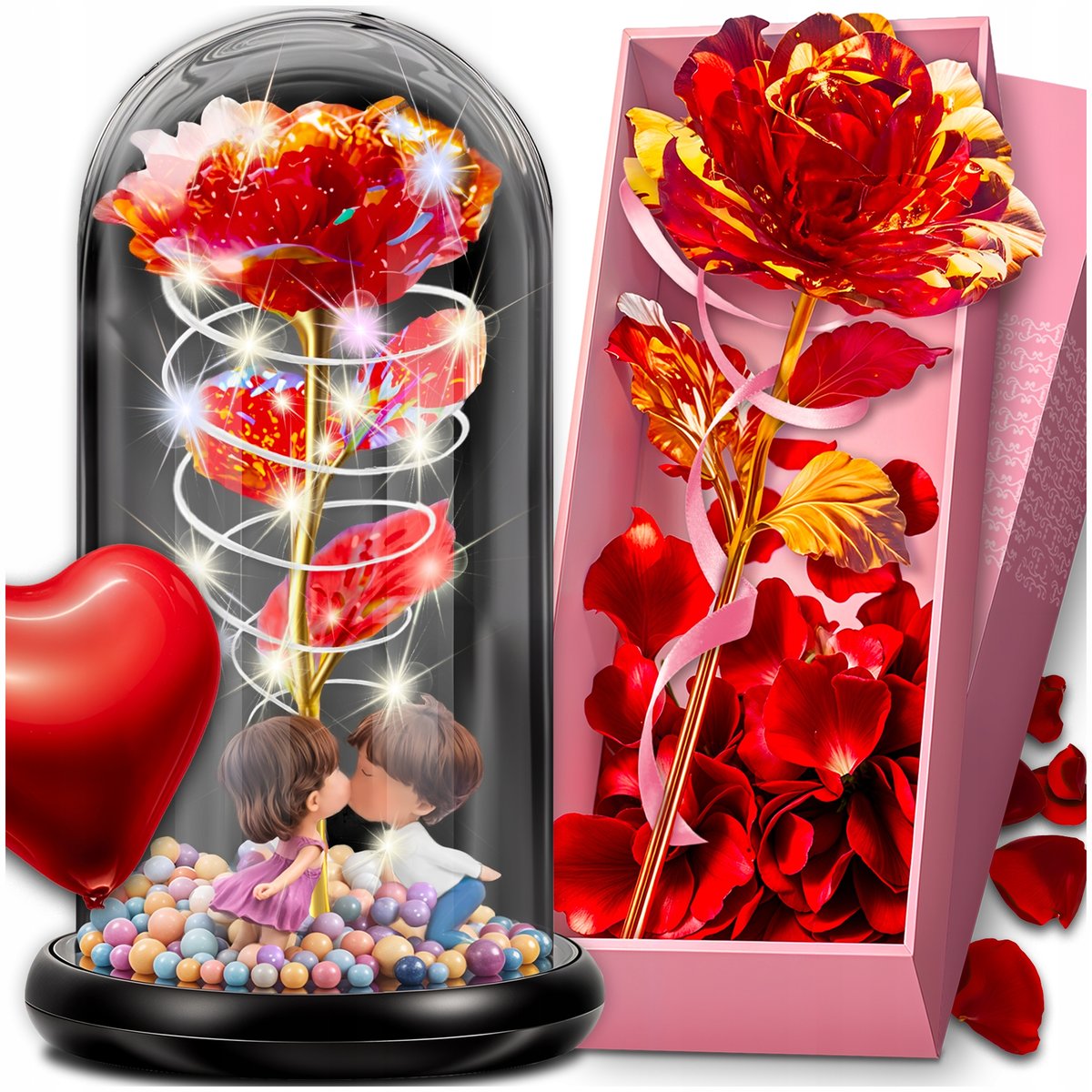WIECZNA RÓŻA W SZKLE LED POMYSŁ PREZENT DZIEŃ KOBBIET FLOWER BOX ZESTAW XXL