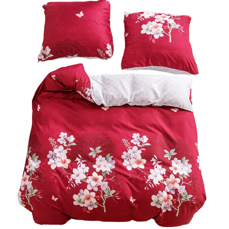 Pościel 140x200 bawełna satynowa dwustronna GierekHoff 2 el kwiaty czerwona