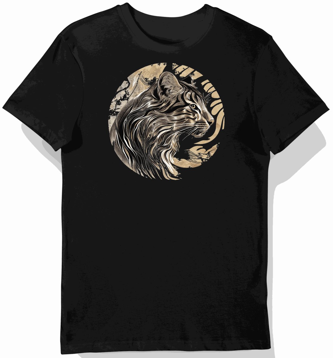 Koszulka męska czarna z motywem eleganckiego kremowego kota 3XL