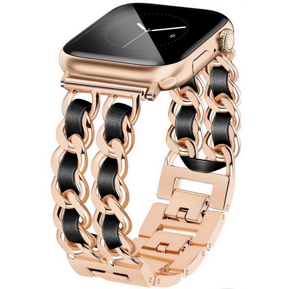 BransoletaGlow CNL Stainless Steel Leather Band ozdobny pasek do Apple Watch 38/40/41/42mm 1/2/3/4/5/6/7/8/9/10/SE (Rose Gold / Różowe złoto/ Czar..