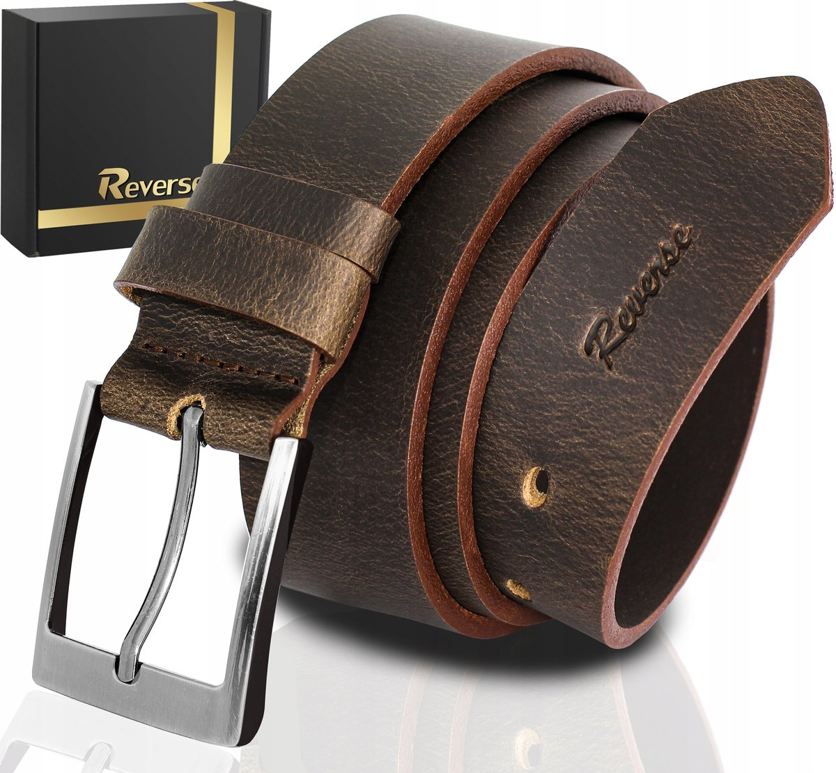 Szeroki skórzany pasek męski do JEANSÓW REVERSE SKÓRA NATURALNA LICOWA 95