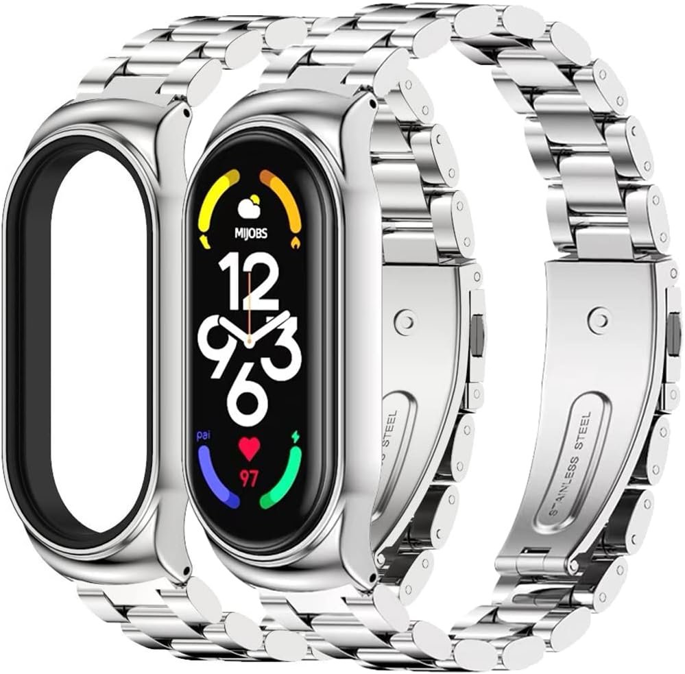 ETUI DO ZEGARKA XIAOMI MI BAND 3/4/5/6 SREBRNE Z BRANSOLETĄ STAL NIERDZEWNA