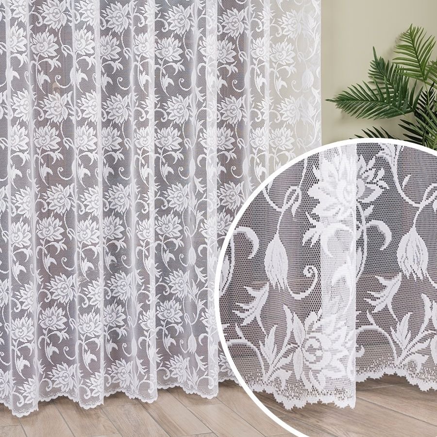 Gotowa długa firana żakardowa z kwiatowym wzorem po całości, kolor biały, rozmiar: - 300x250 cm