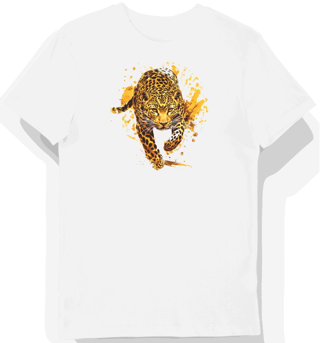 Koszulka męska biała z motywem pantery w złocistym słońcu. XL