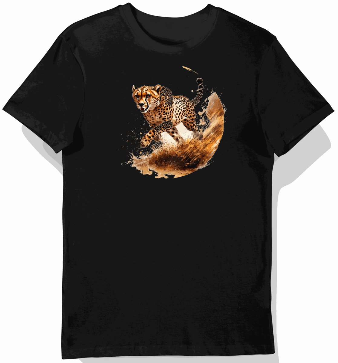Koszulka męska czarna z motywem geparda na polanie L