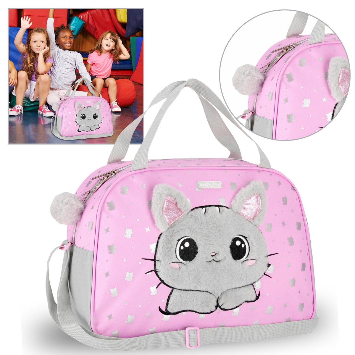 Torba sportowa dla dziewczynki Kotek, różowa torba na WF, podróż, na ramię 39x27x16 cm