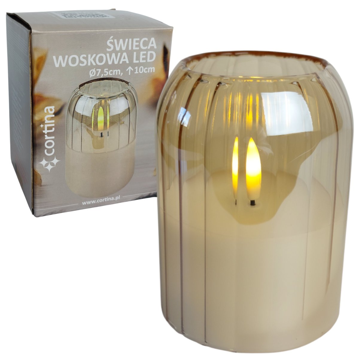 SZKLANA ŚWIECA WOSKOWA LED 10CM OZDOBA ŚWIECZKA Z EFEKTEM PŁOMIENIA ZŁOTA