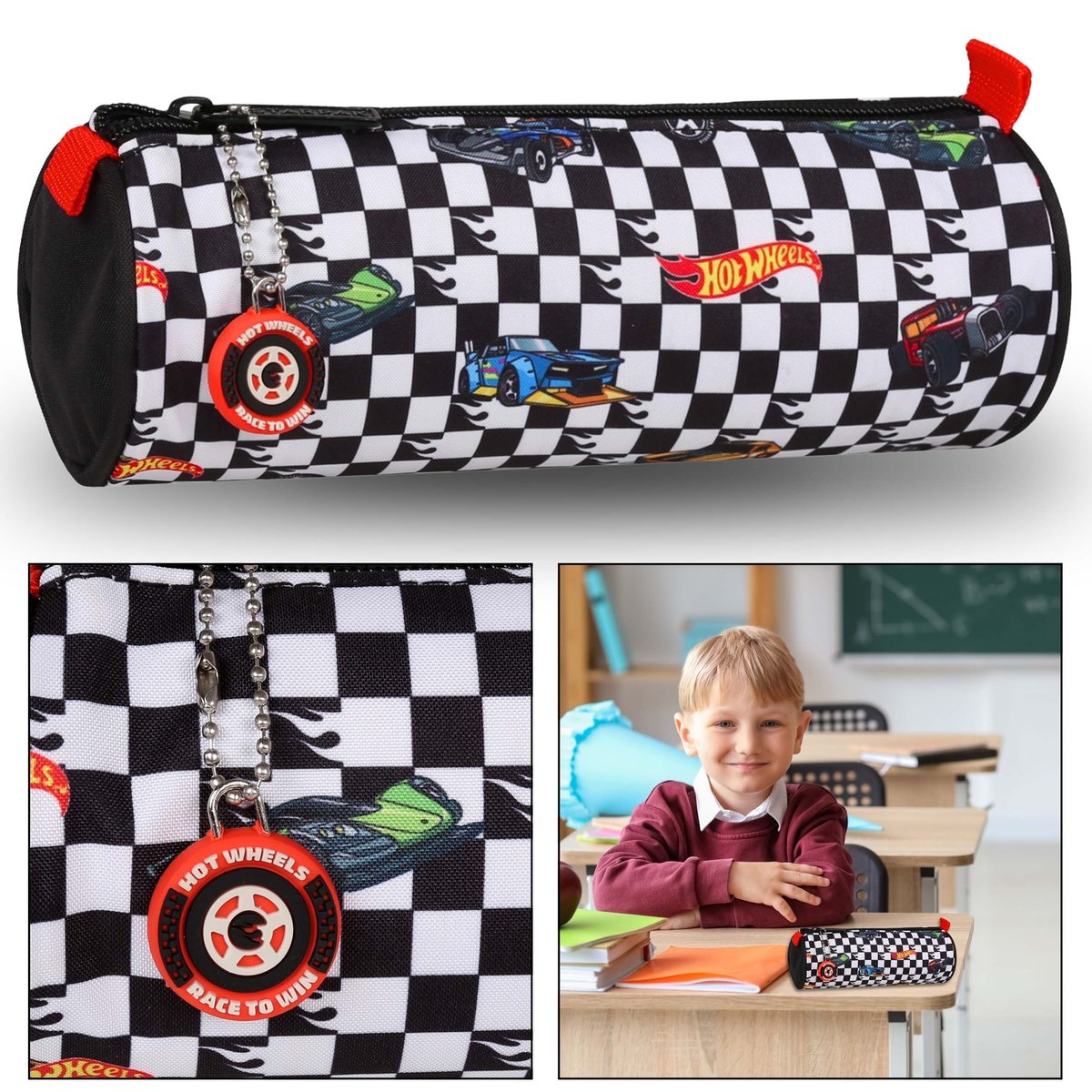 Hot Wheels Czarno-biały piórnik szkolny tuba, na zamek, dla chłopca, w samochody 22x8x8cm