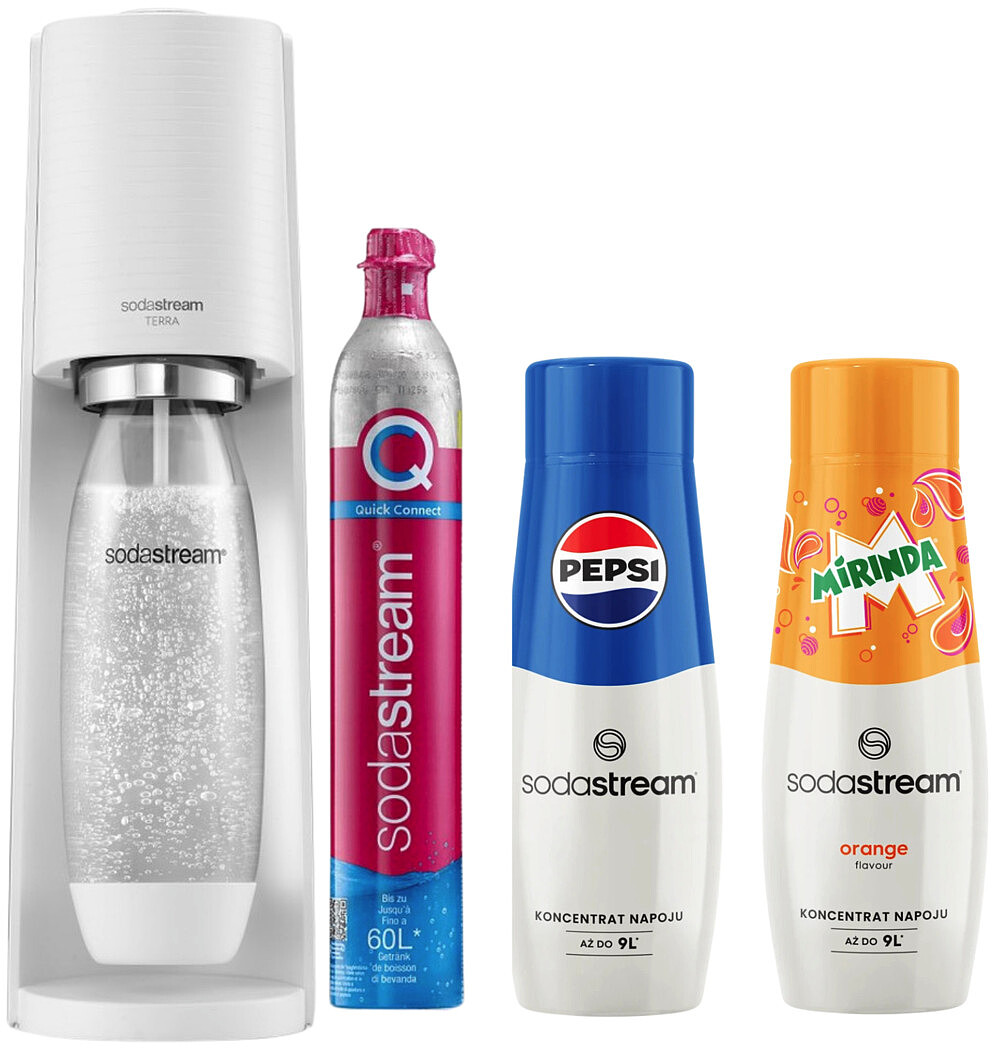 Zestaw SodaStream Ekspres do gazowania wody Terra Biały + Syrop Mirinda 440 ml + Syrop Pepsi 440 ml