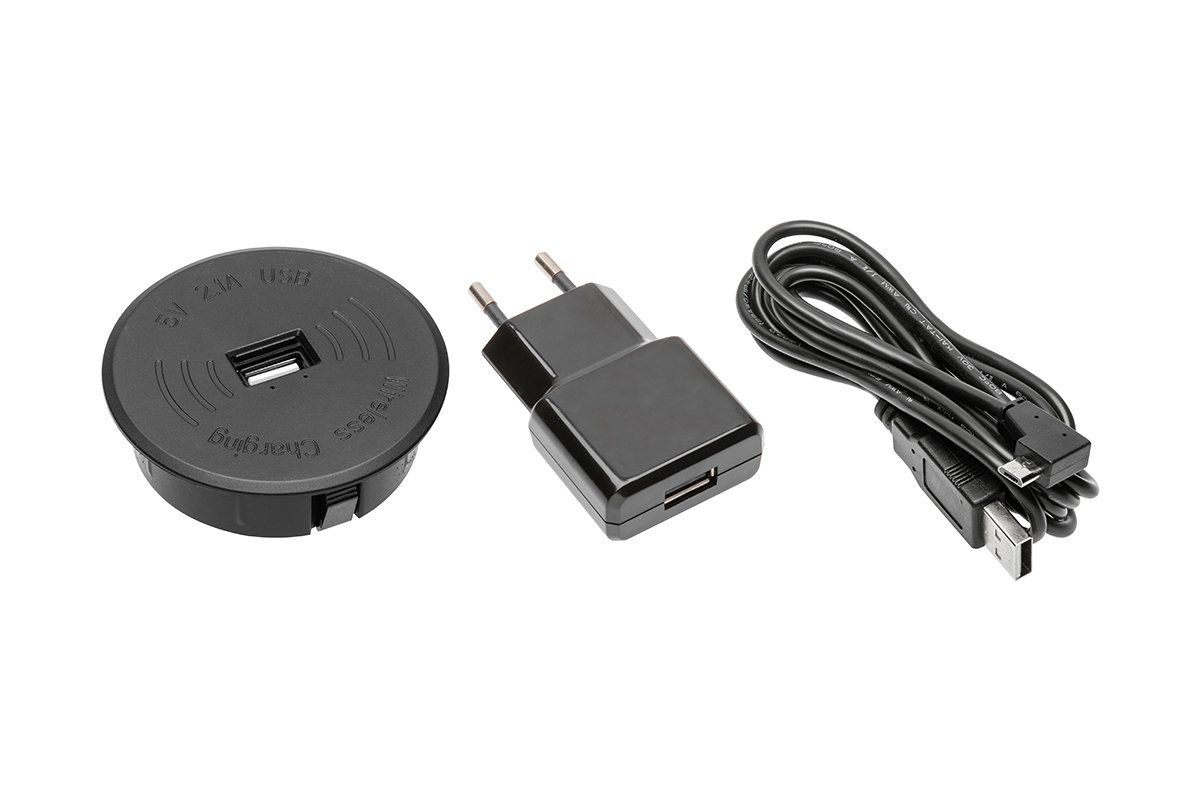 Zestaw ładowarka bezprzewodowa z USB czarna z zasilaczem (kabel USB rozłączny 2m)