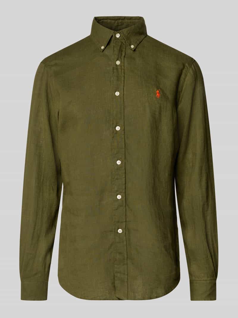 Koszula lniana o kroju slim fit z wyhaftowanym logo