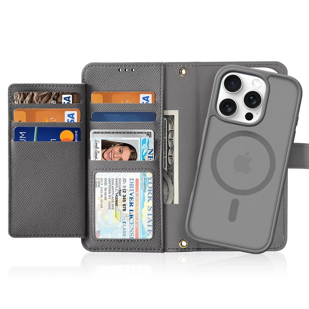 Etui skórzane do iPhone 16 Pro Max Dux Ducis Lawa z portfelem MagSafe szare