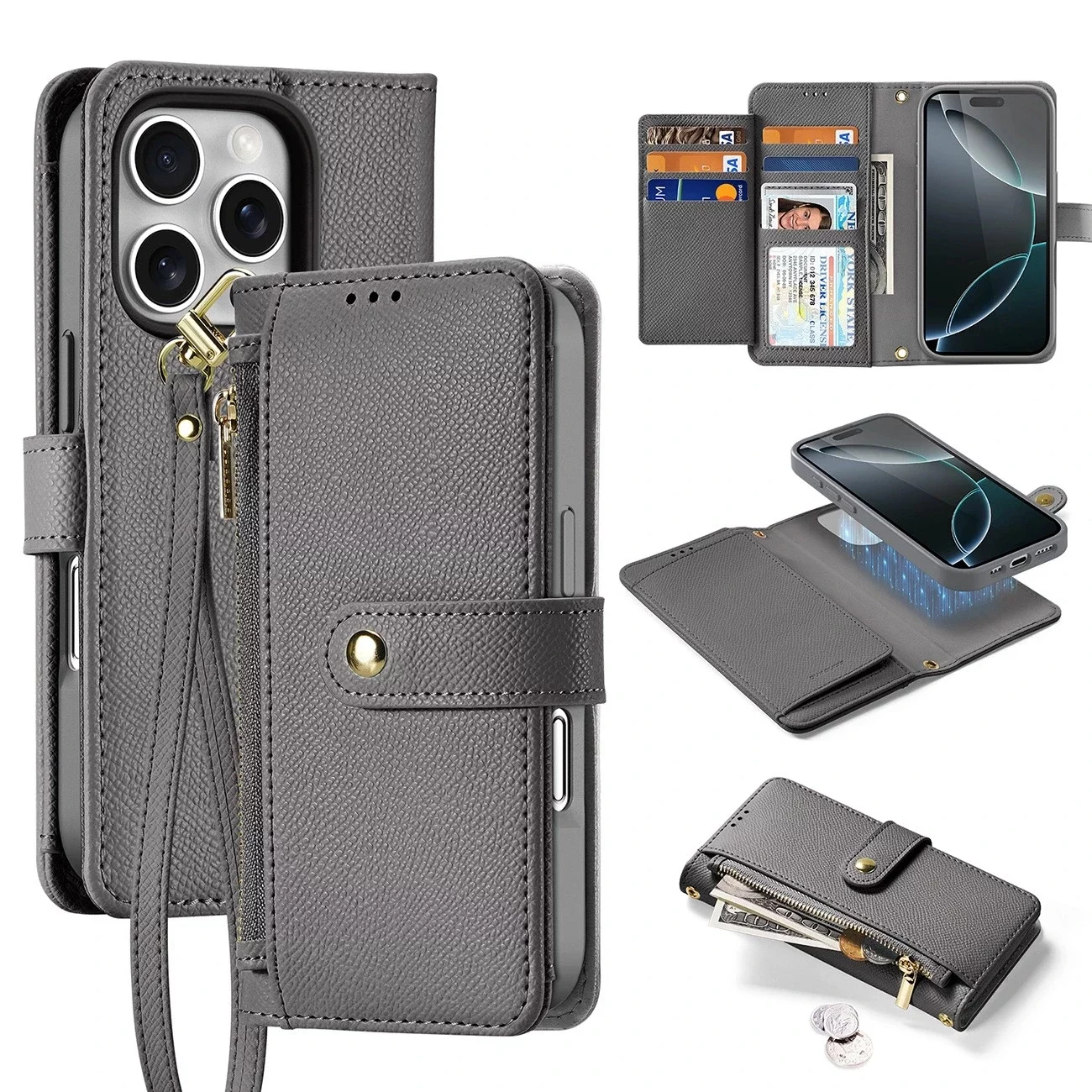 Etui skórzane do iPhone 16 Pro Dux Ducis Lawa z portfelem MagSafe szare