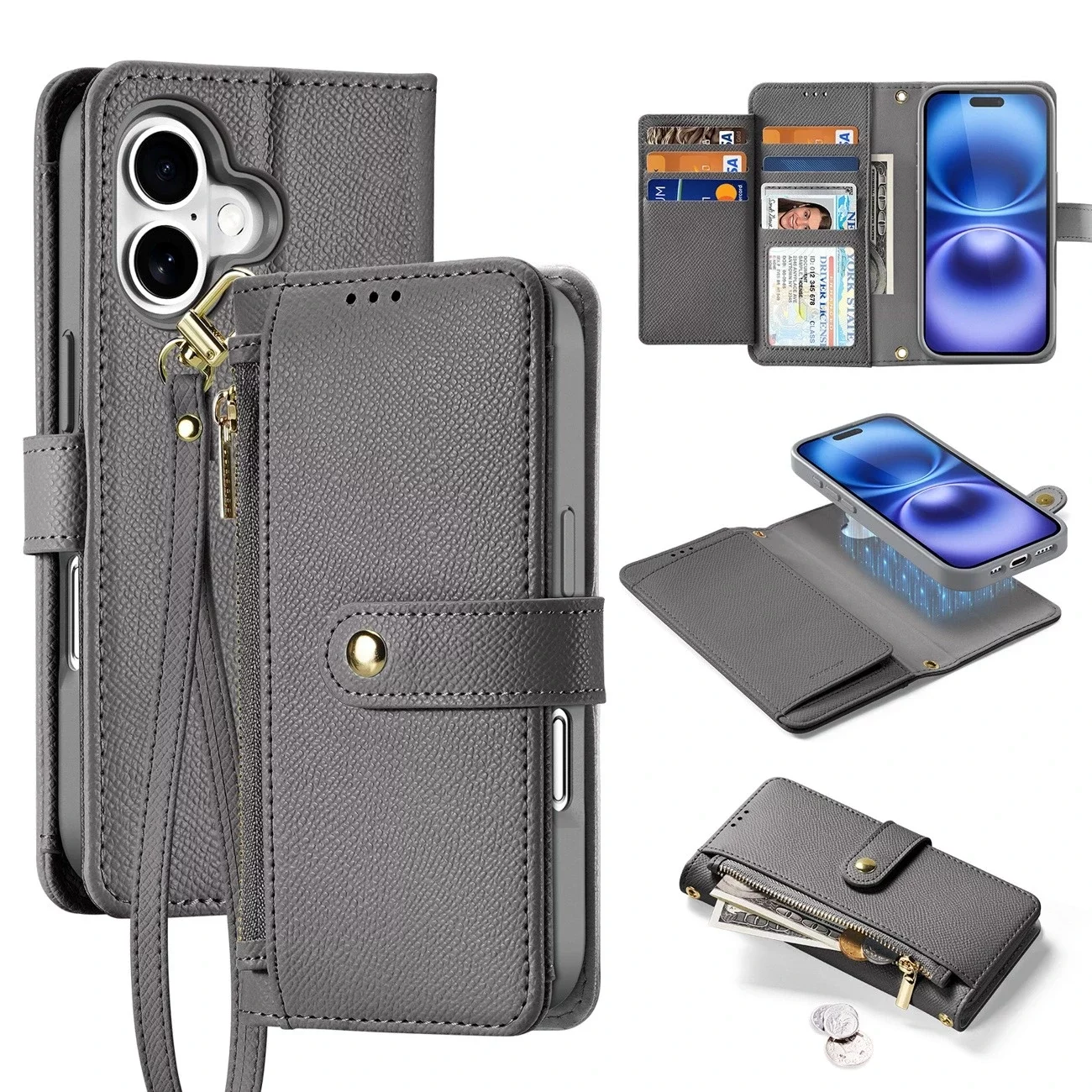 Etui skórzane do iPhone 16 MagSafe Dux Ducis Lawa + portfel – szare