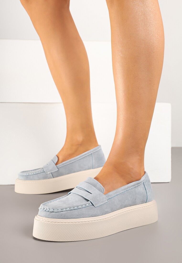 Niebieskie Skórzane Półbuty Mokasyny na Grubej Podeszwie Sadelise