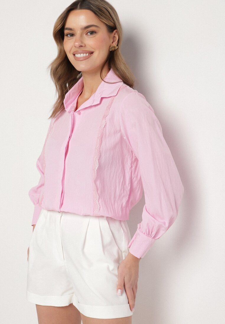 Różowa Koszula z Wiskozą i Koronkowymi Wstawkami Tenaraia