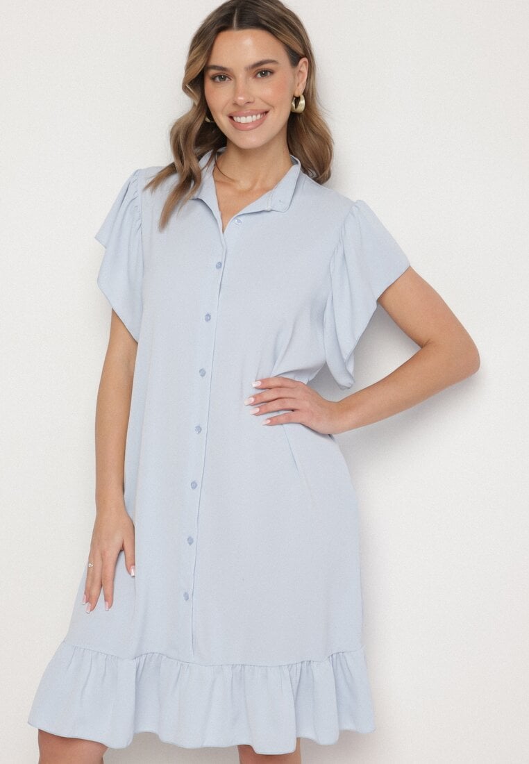 Jasnoniebieska Sukienka Koszulowa z Guzikami i Falbankami Tenalena
