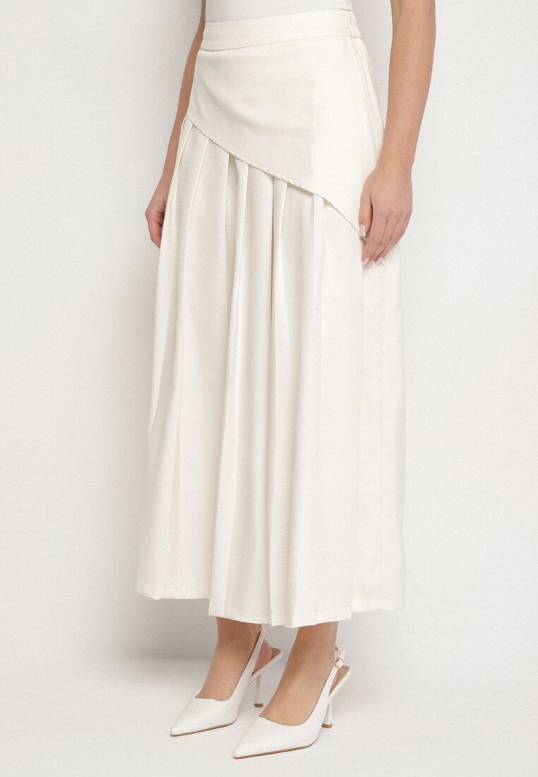 Beżowa Plisowana Spódnica z Wiskozą Bawełną i Ozdobną Falbaną Natielia