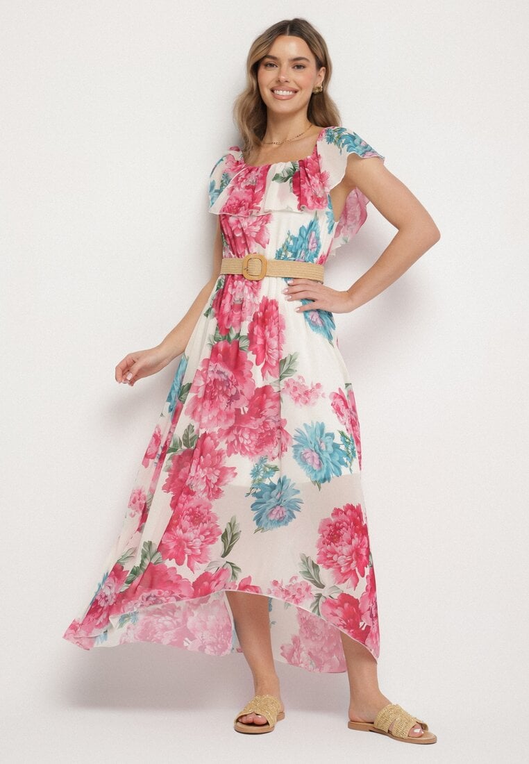 Fuksjowa Sukienka Typu Hiszpanka w Kwiaty z Paskiem Sademire