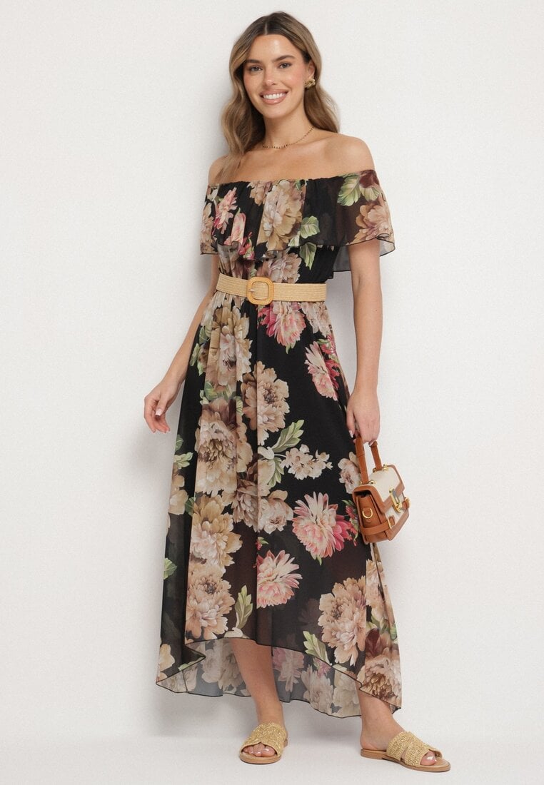 Czarna Sukienka Typu Hiszpanka w Kwiaty z Paskiem Sademire