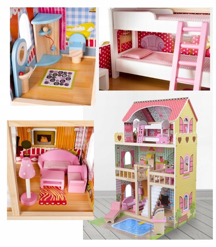 DREWNIANY DOMEK DLA LALEK XXL WYS. 90 CM - OŚWIETLENIE, MEBLE, BASEN