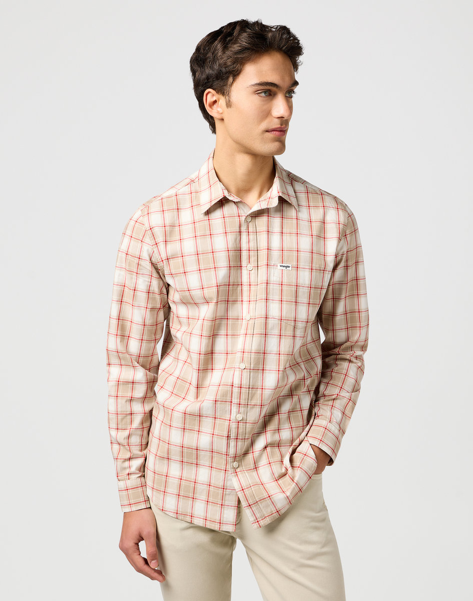 KOSZULA MĘSKA KRATKA LEN WRANGLER 112362768 1 PKT SHIRT TAN L