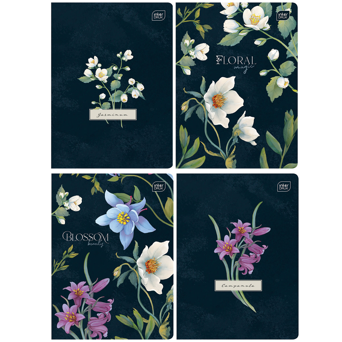 4 X ZESZYT A5, 60 KARTEK, KRATKA Z MARGINESEM, DLA DZIEWCZYNY W KWIATY, INTERDRUK