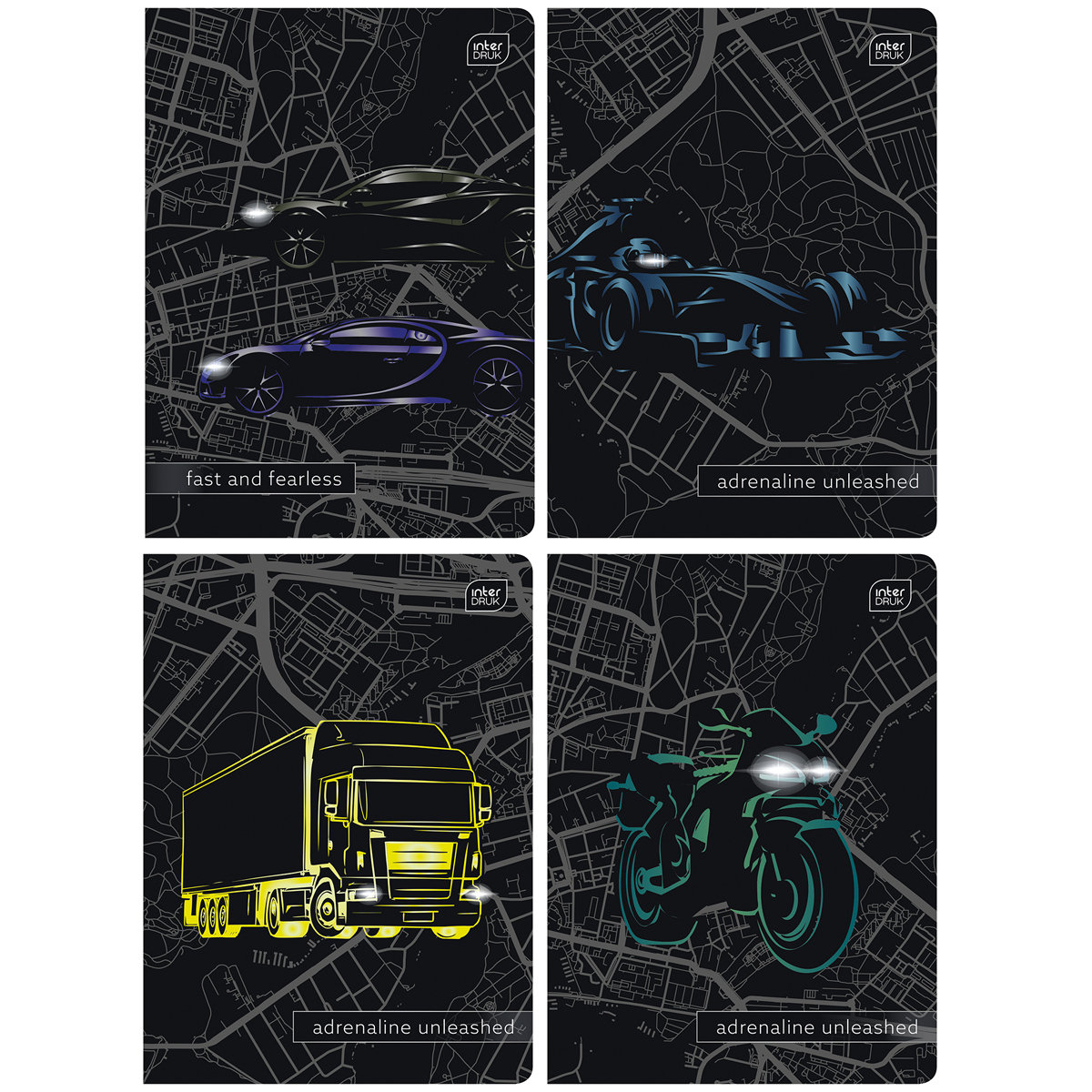 4x zeszyt A5, 32 kartki, trzylinia, chłopiec – cars/trucks/motorbikes