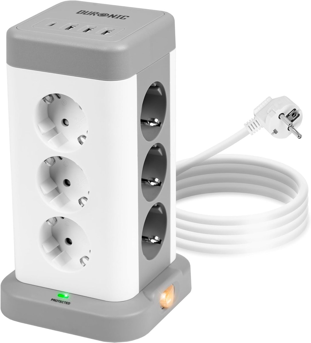 Duronic ET12C Listwa zasilająca biała pionowa 13A 3680W wielogniazdowa 12 wejść gniazd 3x USB 1x USB C 1,8m długości przedłużacz pionowy lampka nocn..