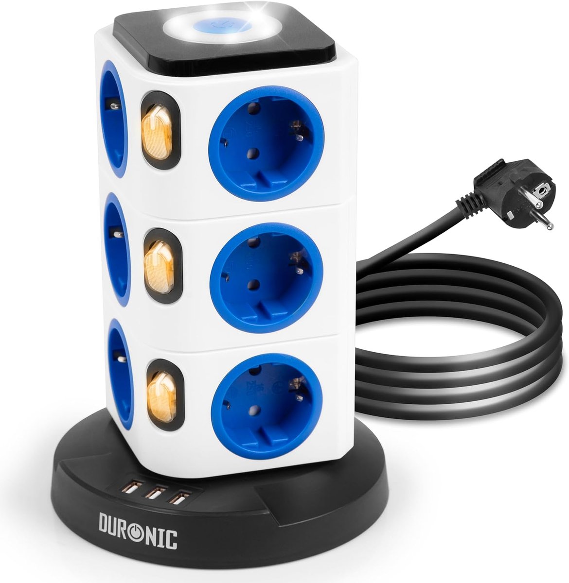 Duronic ET12L Listwa zasilająca biała pionowa wielogniazdowa 12 wejść 3x USB 1,8m długości przedłużacz pionowy z bezprzewodową ładowarką do telefonu..