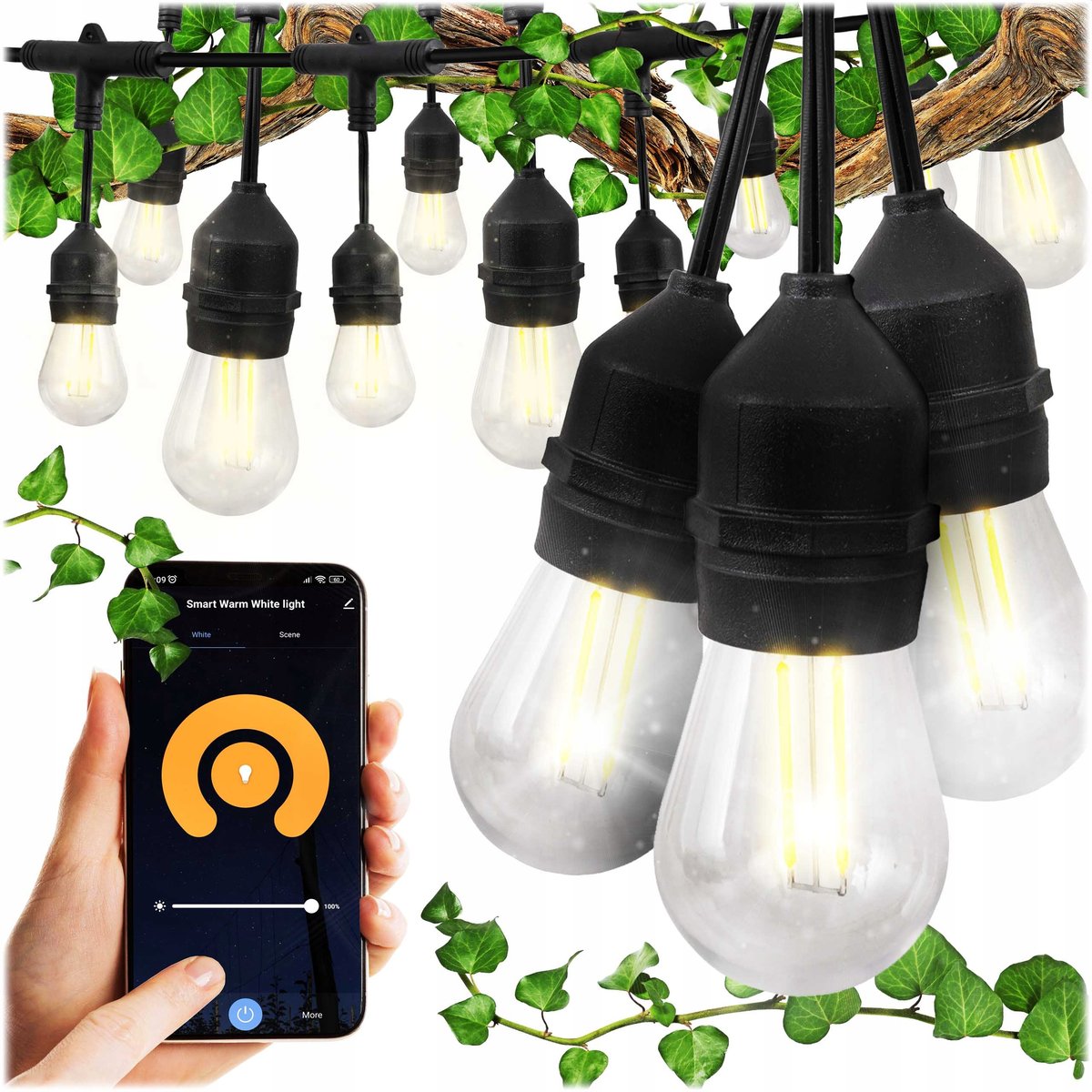 Girlanda świetlna ogrodowa LED SMART TUYA prąd 11m 18x lampki E27 regulacja