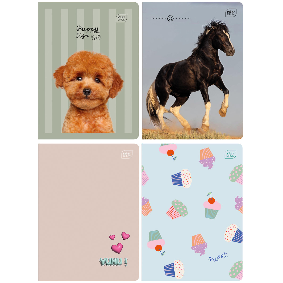 4x zeszyt A5, 32 kartki, kolorowa trzylinia, motywy dziewczęce