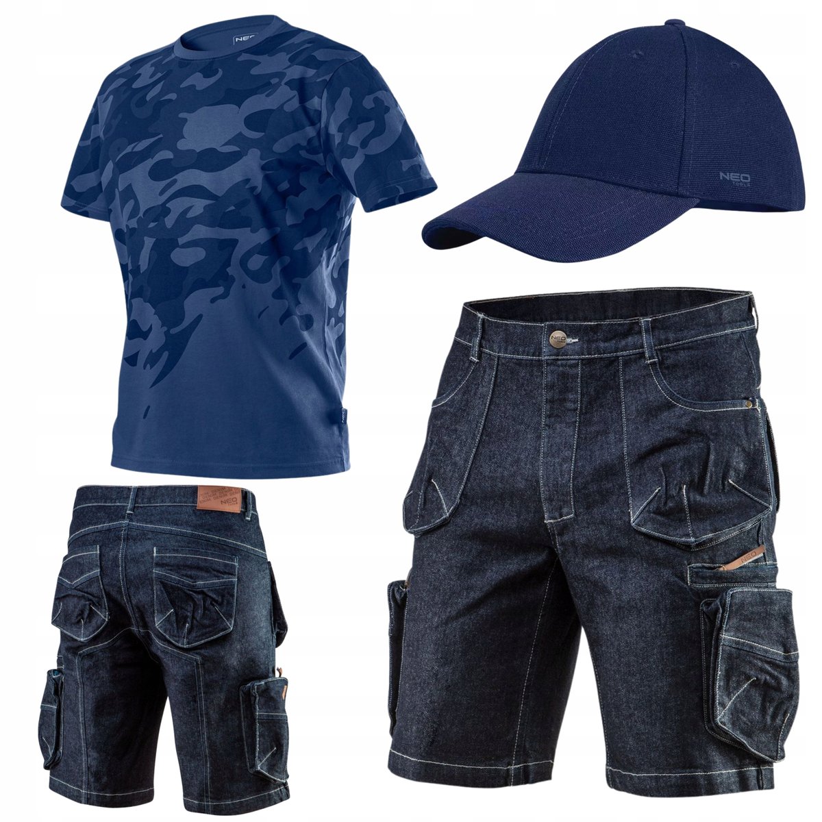 NEO Krótkie Spodenki Robocze DENIM Męskie + T-Shirt + Czapka Komplet Roz L