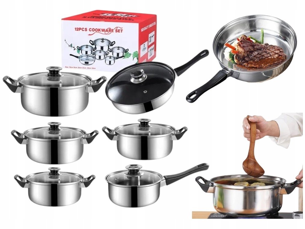KOMPLET GARNKÓW KUCHENNYCH ZESTAW + PATELNIA POKRYWKI 12 ELEMENTÓW STALOWE