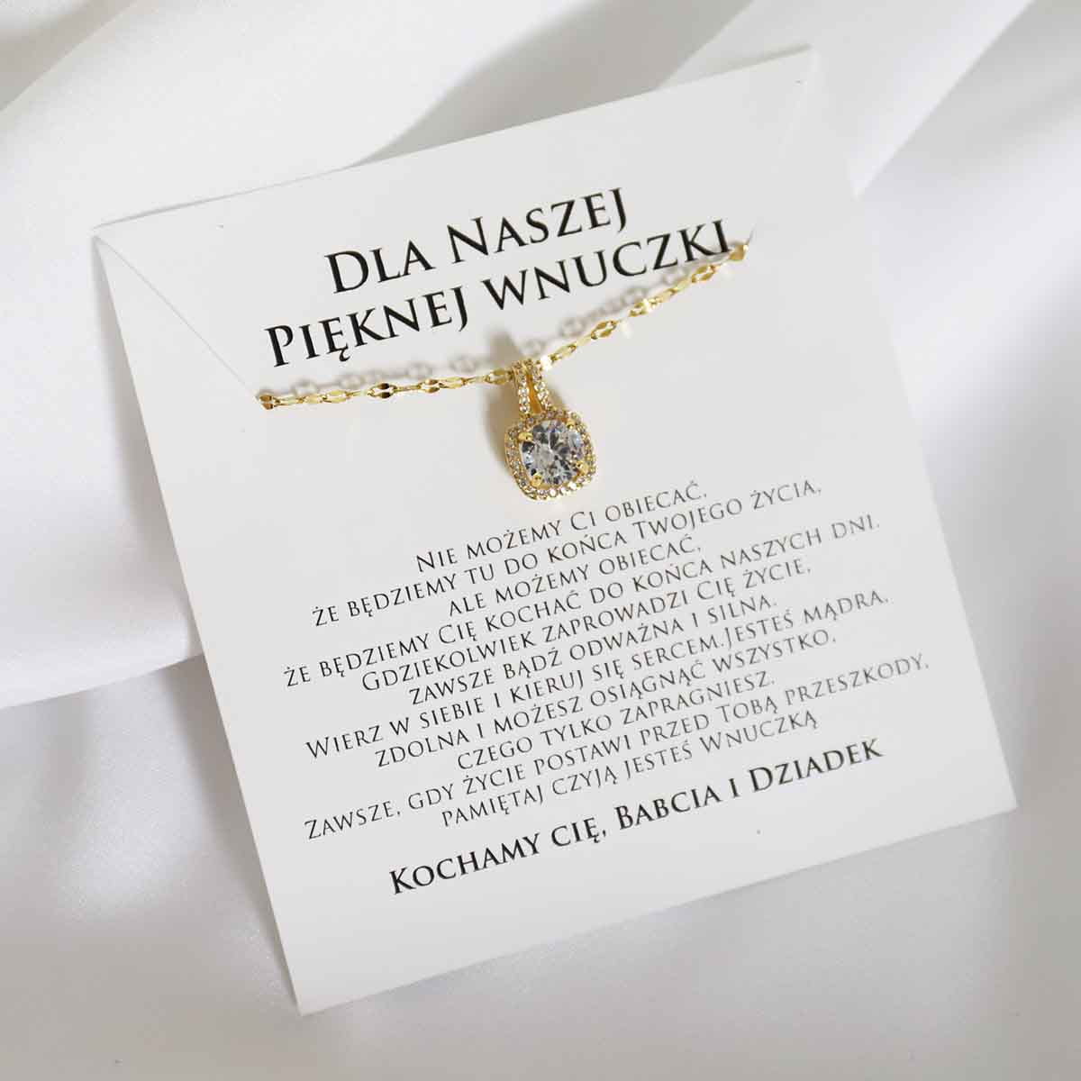 Naszyjnik złoty z dedykacją dla wnuczki od dziadków wisiorek kwadratowy z cyrkonią