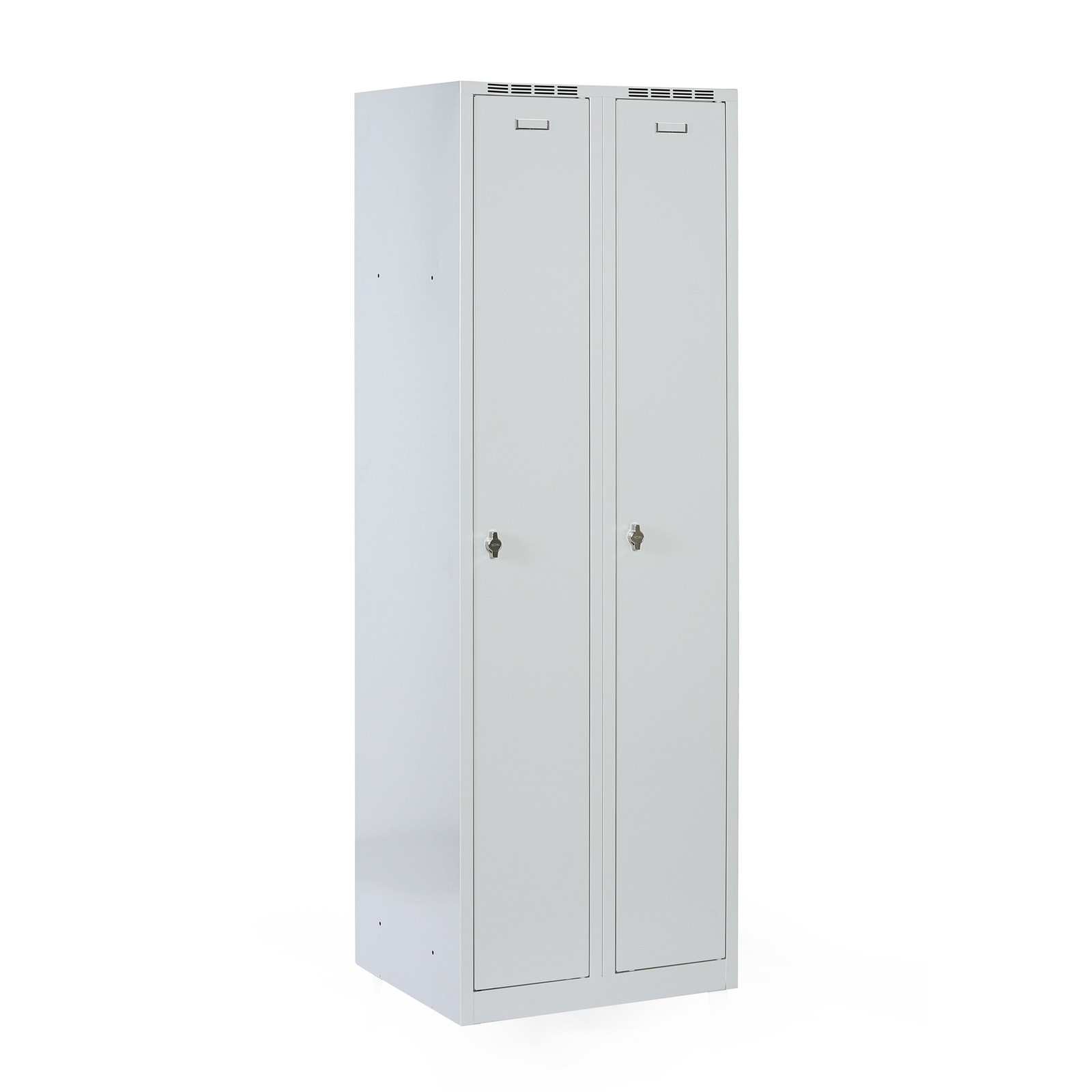 Metalowa szafka ubraniowa na cokole, 2-drzwiowa, 1800 x 600 x 500 mm, zamek obrotowy, drzwi szare