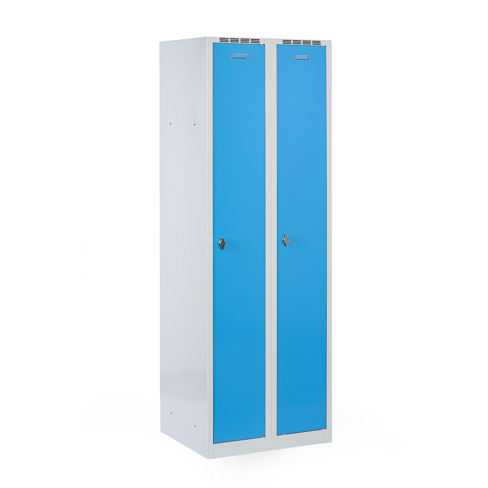 Metalowa szafka ubraniowa na cokole, 2-drzwiowa, 1800 x 600 x 500 mm, zamek obrotowy, drzwi niebieske