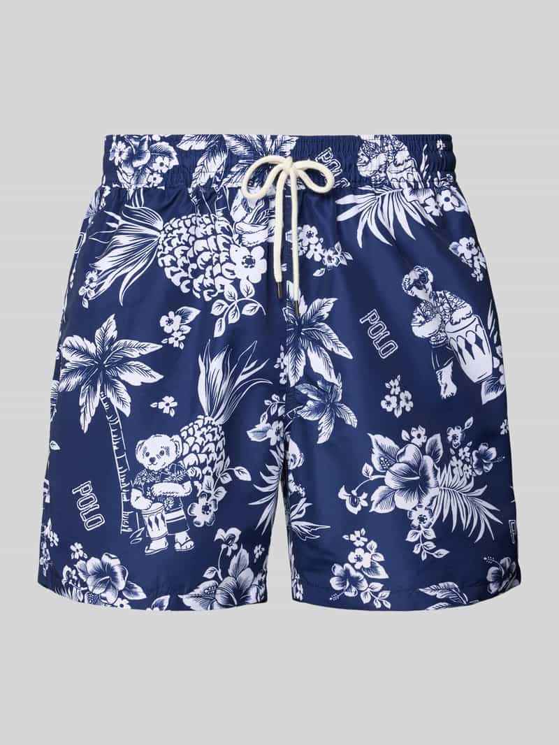 Spodenki kąpielowe o kroju regular fit z nadrukami z logo model ‘TRAVELER’