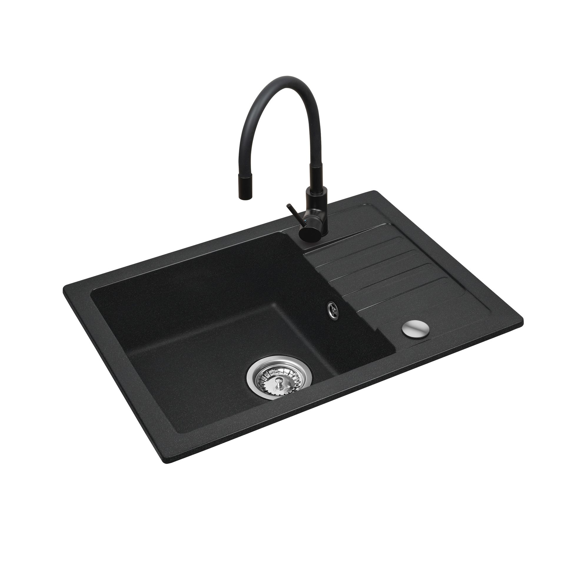 Czarny zestaw zlew z baterią giętką - Zlewozmywak MAIDSINKS BALI (62x44) 1B1D czarny + Bateria Flessi Black Edition