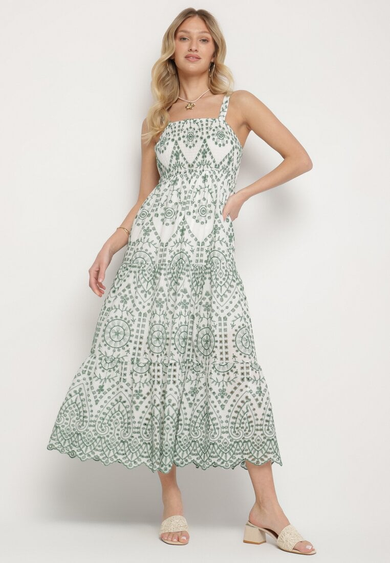 Zielono-Biała Bawełniana Sukienka Ozdobiona Haftem Sadonique