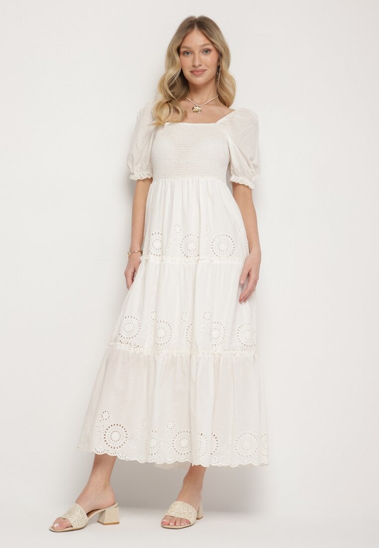 Biała Bawełniana Sukienka z Haftowanym Wzorem Iffanella