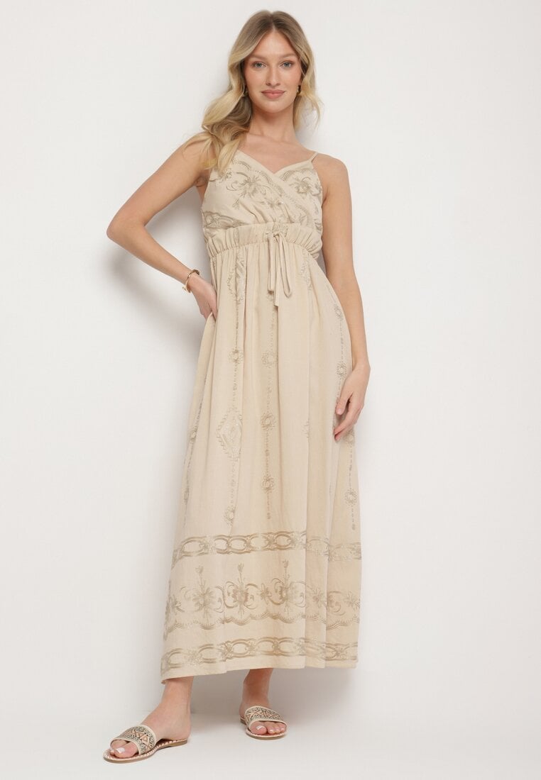 Beżowa Rozkloszowana Sukienka na Ramiączkach z Wiskozy Zdobiona Haftem Ulonelitia