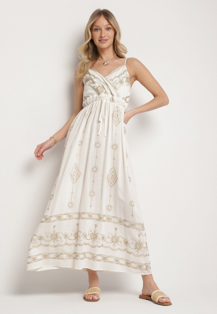 Biała Rozkloszowana Sukienka na Ramiączkach z Wiskozy Zdobiona Haftem Ulonelitia