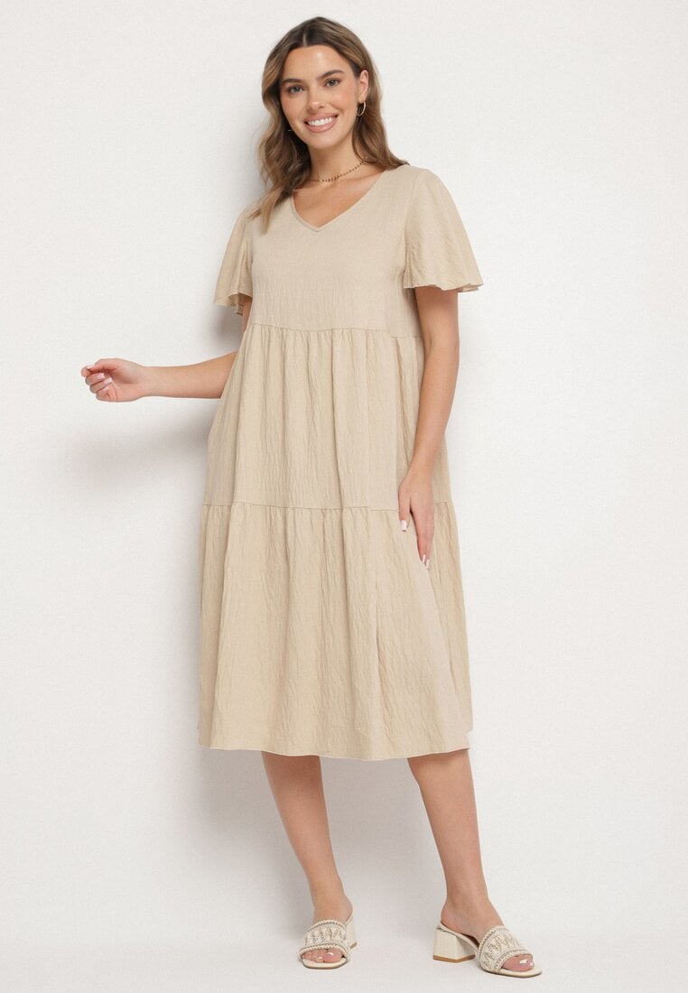 Jasnobeżowa Wiskozowa Sukienka Rozkloszowana z Dekoltem V Natilenia