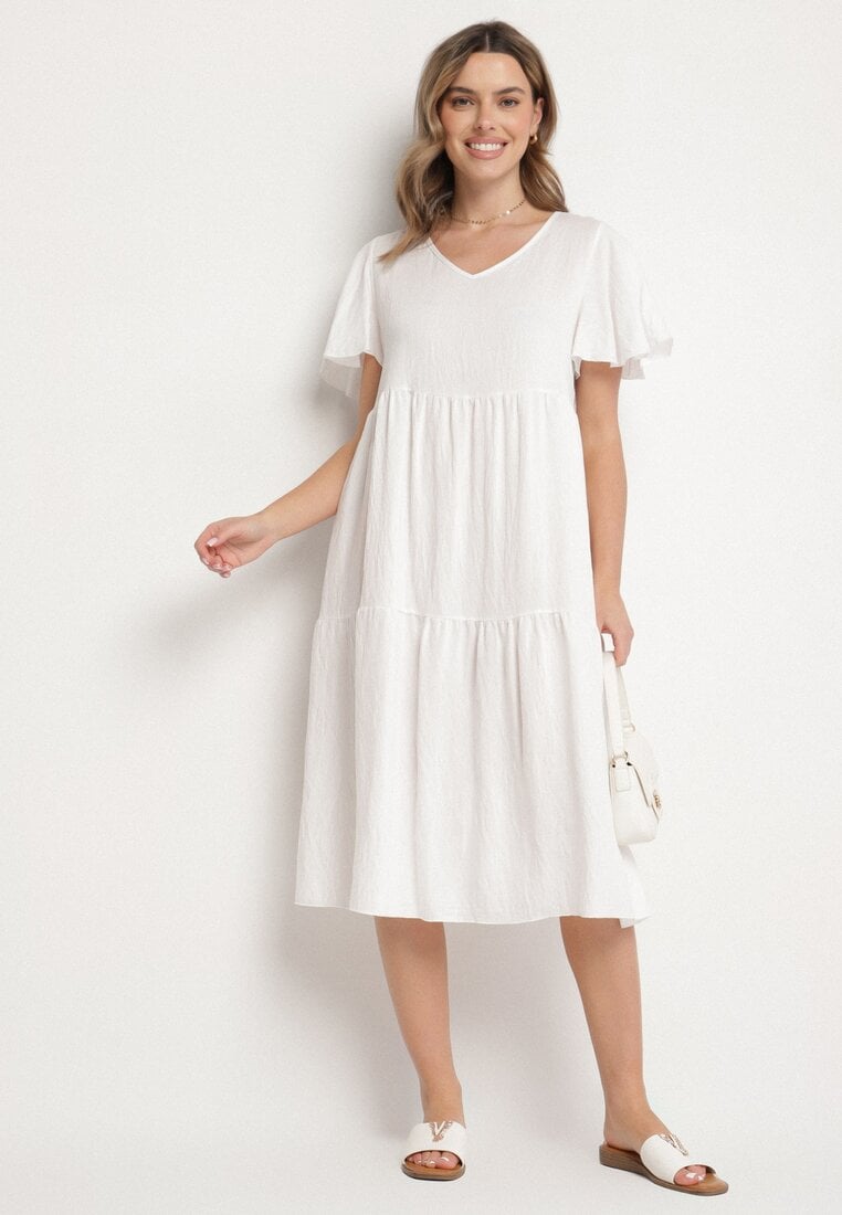 Biała Wiskozowa Sukienka Rozkloszowana z Dekoltem V Natilenia