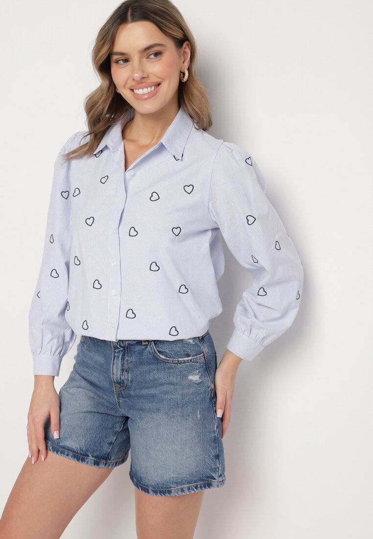 Niebiesko-Czarna Bawełniana Koszula z Ozdobnym Haftem Doviene