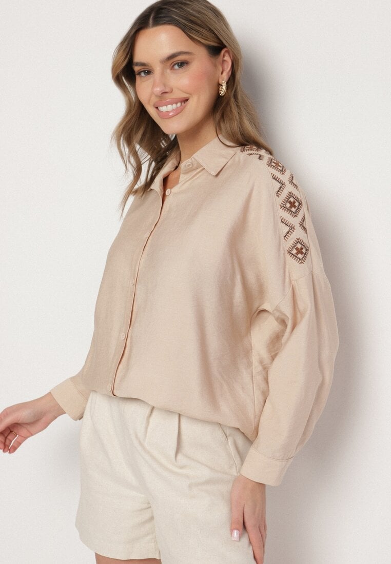 Beżowa Koszula Ozdobiona Haftem Ulosandria